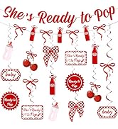 She's Ready To Pop Baby Shower Decor Set Ready to Pop Party Banner Hanging Swirls Red Gingham Str...