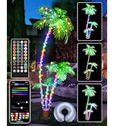 7FT Smart Lighted Palm Tree, DIY Color Changing LED Artificial Palm Tree 3 Trunks, Music Sync Tim...