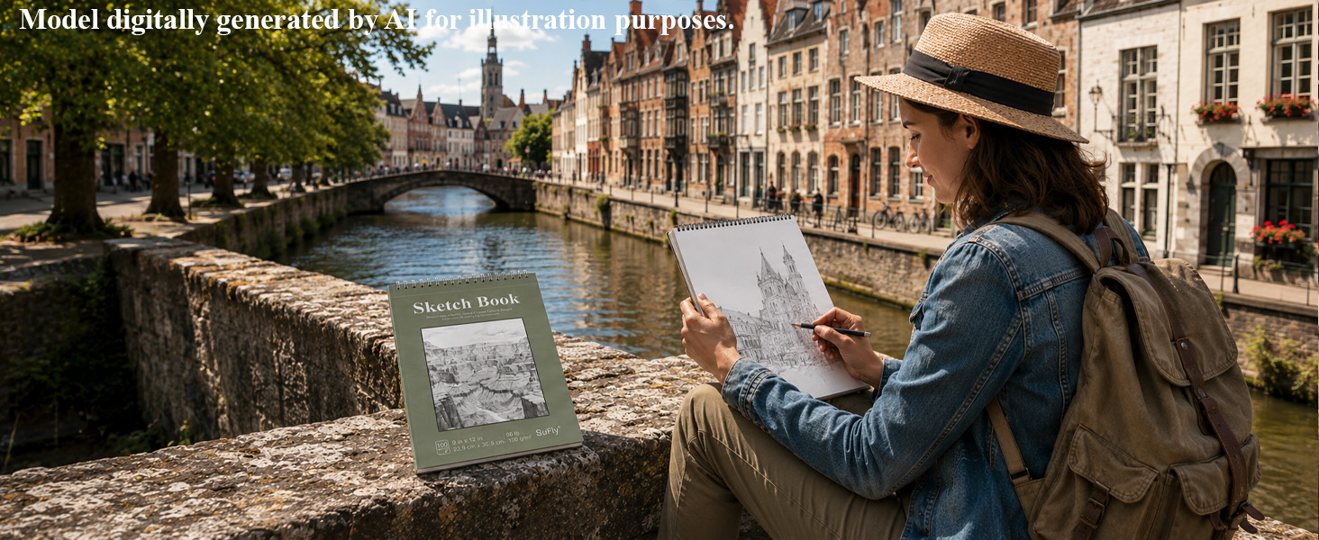 A traveling artist uses a SuFly top spiral sketchbook for an architectural pencil drawing outdoors.