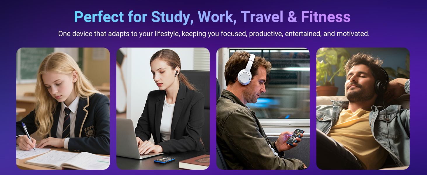 Text reads 'Perfect for Study, Work, Travel & Friends'. Lifestyle images showing people using electronic devices in various settings including study and travel scenarios.
