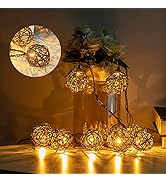 Vigdur Rattan Ball String Lights, Boho Lantern String Lights with 10 Led Bulbs Connectable, Indoo...
