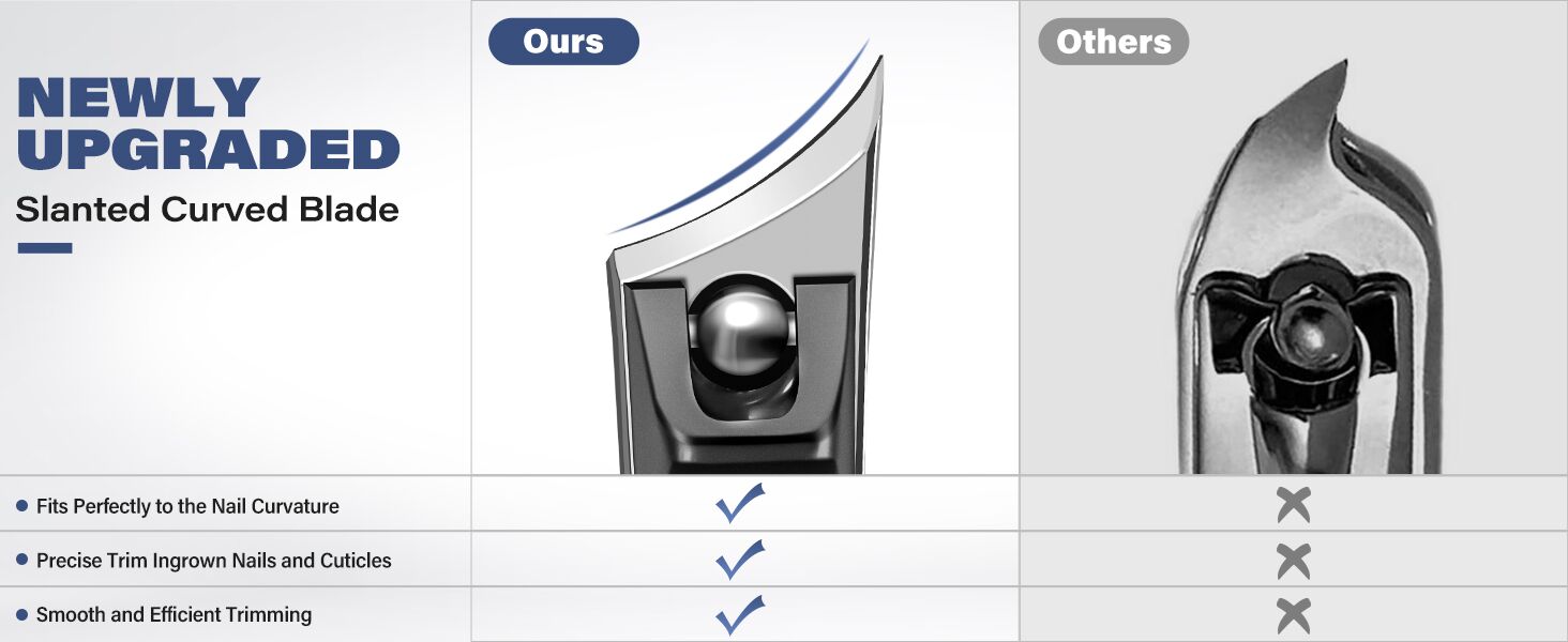 Text reads 'Ours' and 'Others'. Comparison diagrams showing technical specifications of what appears to be blade or cutting components with curved edges.