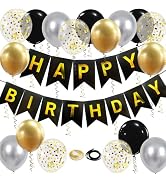 Happy Birthday Banner, Black Gold Birthday Decoration, 16 Pcs 12in Balloons with 2 Ribbons for Me...