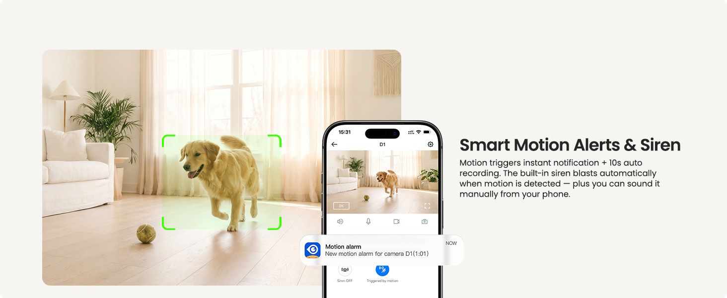 The indoor camera detetcs movement to record and send an instant notification