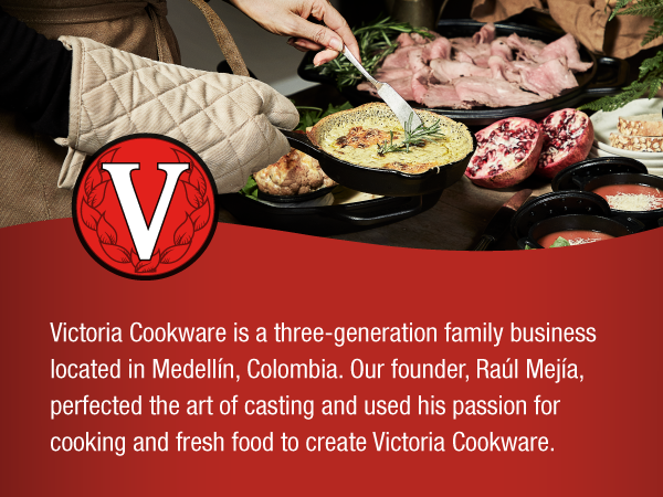 Cast-iron cookware on a table. Text reads: A three-generation family business.