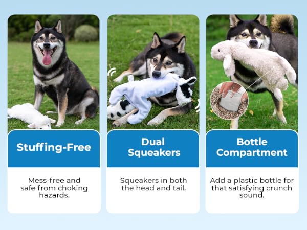 stuffing free, dual squekers, bottle compartment