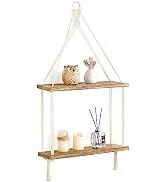 Mkono Macrame Hanging Shelf Boho Wall Decor 2 Tier Handmade Cotton Rope Rustic Wood Floating Shel...