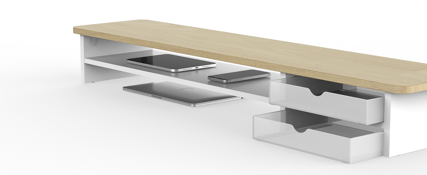 Monitor stand is equipped with dual-layer storage space and 2 convenient sliding acrylic drawers