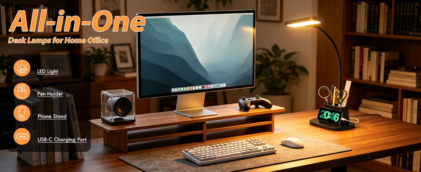 LED Desk Lamp for Dorm Room with Pen Holder USB Charging Port Small Reading Light for Home Office
