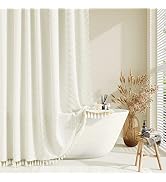 Dynamene Boho Farmhouse Shower Curtain, Cream Fabric Tufted Chevron Striped Textured Tassel Showe...