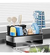 Ewaiira Stainless Steel Sink Caddy, Sponge Holder for Kitchen Sink with Brush Holder & Dishcloth ...