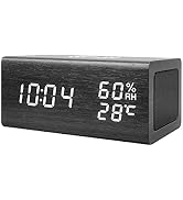 Everwood Wooden Electric Digital Alarm Clock with Qi Wireless Charging, Bluetooth Speaker Led Dis...