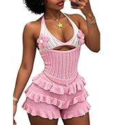 Inroserm Women's Beach Crochet Halter Neck Romper Swimsuits Vacation Backless Jumpsuits with Ruff...