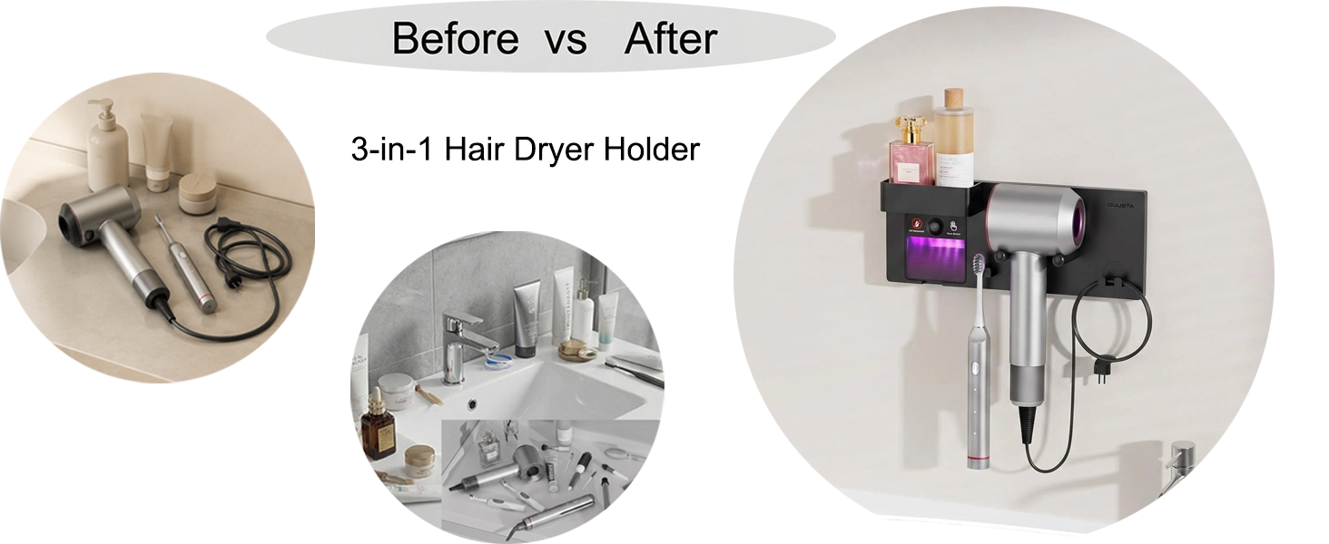 3 in 1 Universal Blow Dryer Holder Rack, Space-Saving Bathroom Storage Organizer