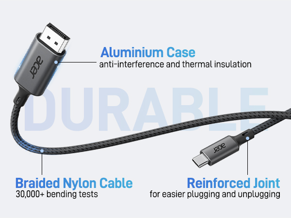 USB cable product diagram highlighting aluminum case, braided nylon cable with 30,000+ bend test rating, and reinforced joint features.