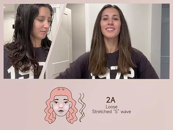 Before and after on 2A loose wavy hair, smooth straight blowout result with JELLYFISH air styler