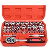 Egofine 3/8” socket set 34 PCS, 1/4" & 3/8" Drive, 6 Point CR-V SAE/Metric socket wrench set with...