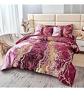 PERFEMET 6-Piece Bed in A Bag Queen Burgundy Marble Comforter Set with Sheets Aesthetic Retro Art...
