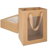 MOXARYSU 12 Pcs Brown Gift Bags with Clear Window: 9.8x5.1x7.1 Inch Medium Kraft Paper Bags with ...