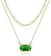 Lourny Gemstone Birthstone Pendant Layered Necklace for Women Trendy, 18K Gold Plated Paperclip C...