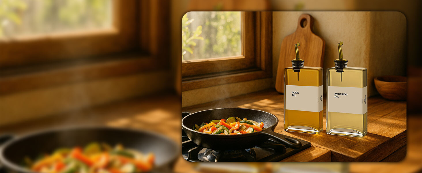 Two glass oil dispensers labeled olive oil and avocado oil beside stove
