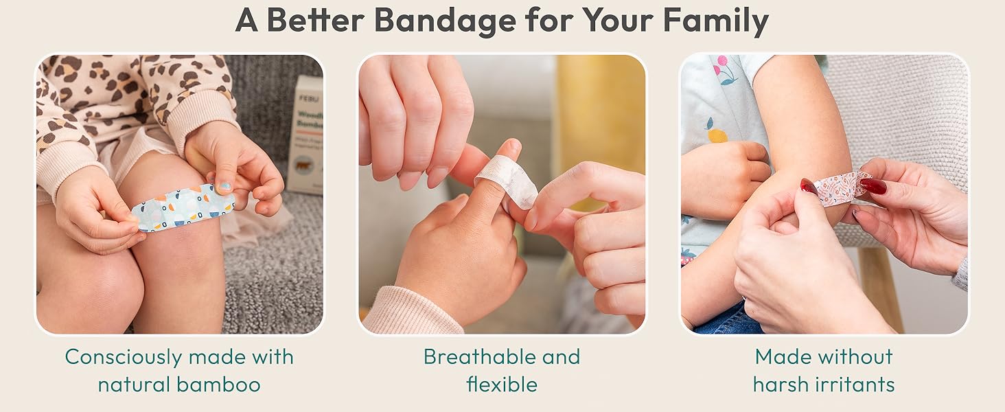FEBU PFAS-free bamboo bandages. Breathable, flexible wound care for your family