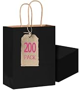 Bakepacker 200-Pack Medium Size Gift Paper Bags with Handles Bulk 10.6"x8.3"x4.3" Black Party Kra...