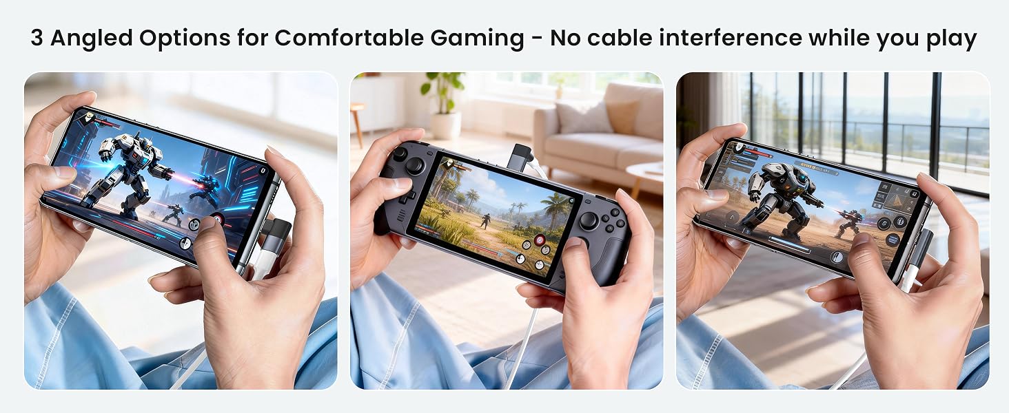Text reads '3 Angled Options for Comfortable Gaming - No cable interference while you play'. Series of hands holding mobile device in different positions showing gaming angles.