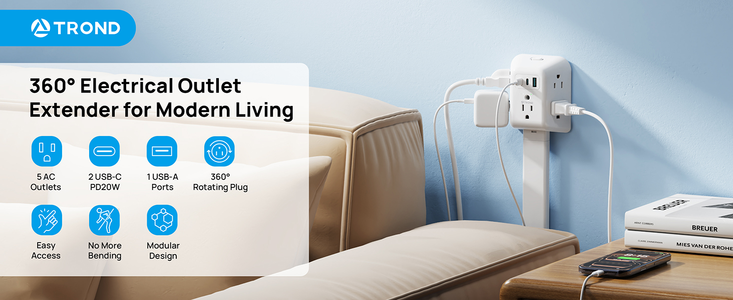 360 Rotating Outlet Extender Stick with 5AC and 3 USB Ports
