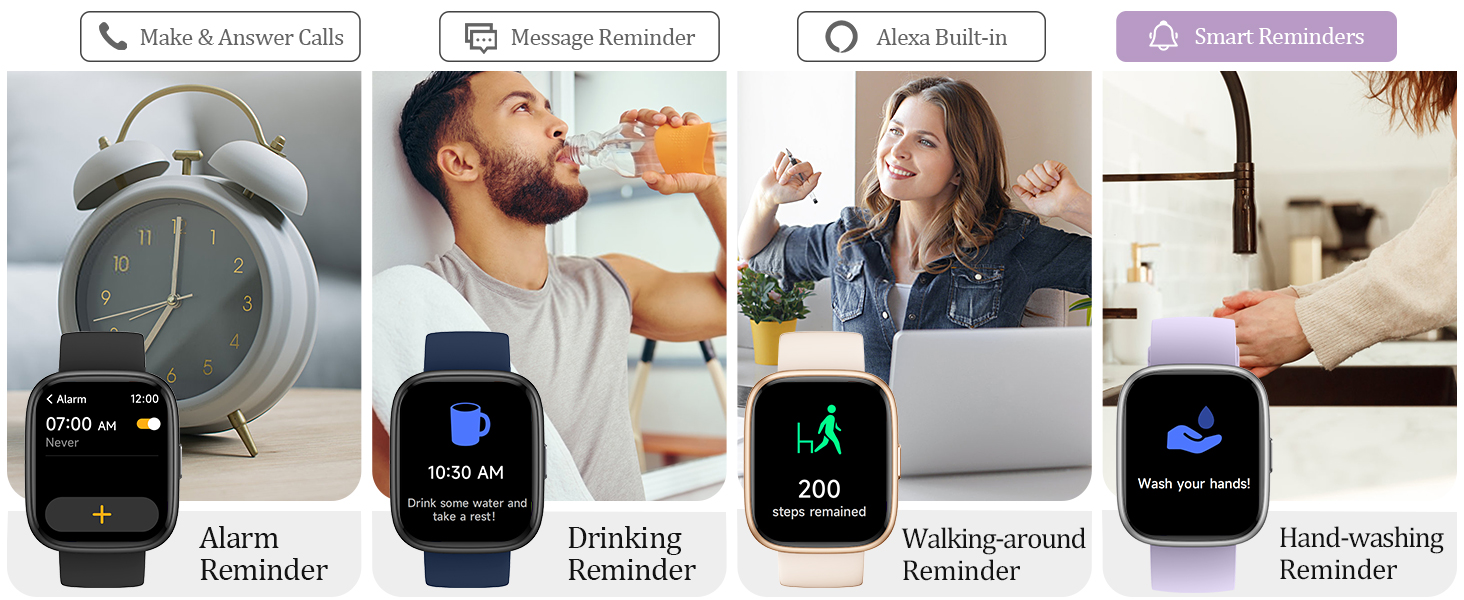 Text reads 'Reminder', 'Rastreador', 'Monitor', 'Alarme'. Series of smartwatch interface screenshots showing different app functions and notifications.
