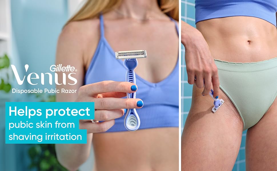 A woman is shaving her pubic area with the Venus Pubic Hair & Skin Disposable Razor.