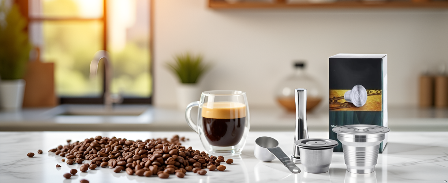 A rustic wooden table with a steaming cup of coffee and a few scattered coffee beans, creating a coz