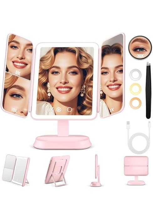 GOMIPURU Makeup Mirror with Lights and 30X/10X/5X Magnification, Vanity Mirror with 3 Color Light...