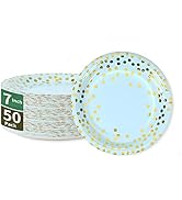 CENLBJ Blue & Gold Dots Party Paper Plates, 50 PCS Disposable Party Supplies Dessert Paper Plates...