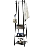 VECELO Coat Rack Freestanding,Hall Tree with Metal Basket and Storage Shelves,Industrial Coat Rac...