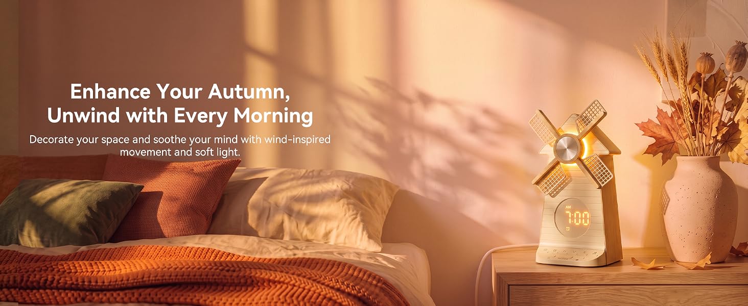 Sunrise Alarm Clock with Rotating Windmill, White Noise Machine for Sleeping