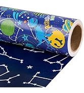 RUSPEPA Reversible Birthday Dinosaur Wrapping Paper Roll, Mini Roll, Blue Astro Dinosaur, Planets...