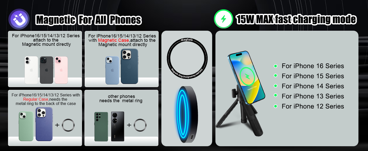 Magnetic Self Stick Charging Tripod compatible for iPhone 16/15/14/13/12