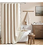 BTTN Scalloped Edge Shower Curtain, Boho Linen Textured Heavy Duty Shower Curtain Set with 12 Pla...
