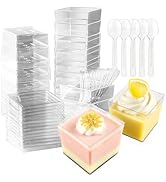 Slomg 100 Pack 5 oz Plastic Dessert Cups with Lids and Spoons, Disposable Square Parfait Shooter ...