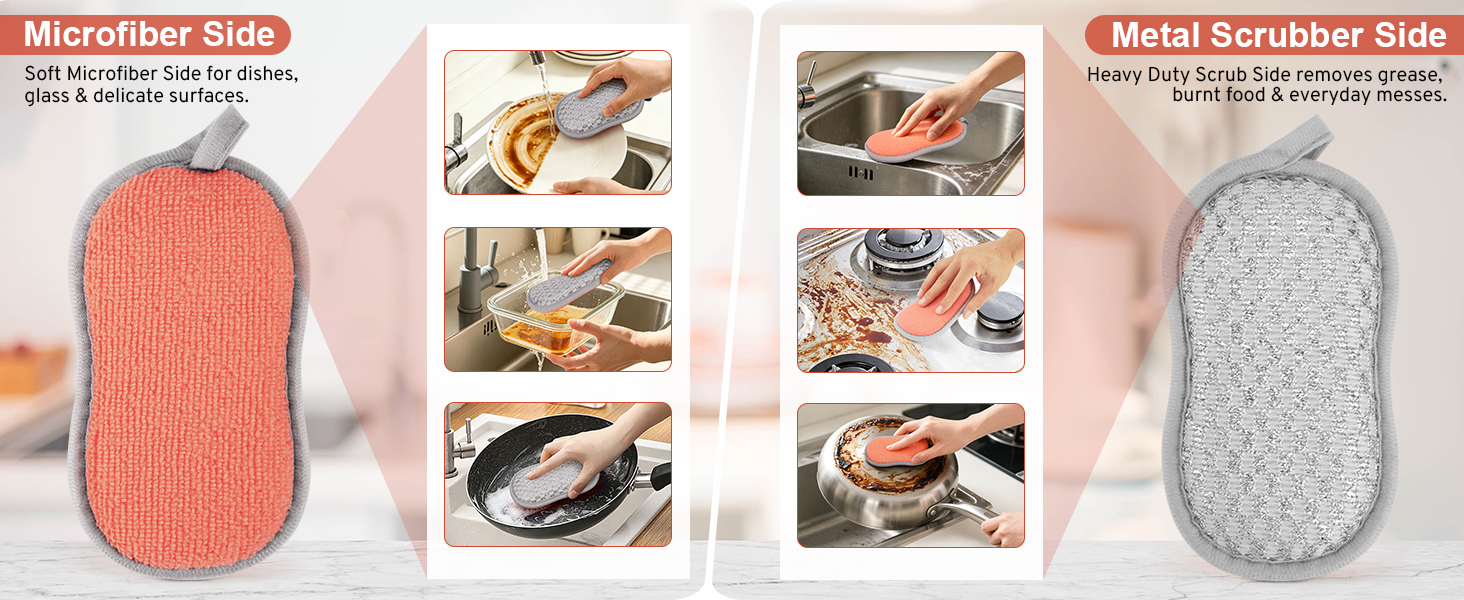 Multi-Purpose Dish Sponges Kitchen Dual-Sided Scrub Sponges Non Scratch Microfiber Metal Scrubber