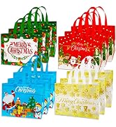 12 Pack Durable Christmas Non-Woven Tote Bags 4 Patterns Reusable Grocery Bags Xmas Party Favors ...
