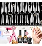 Beetles Gel Nail Kit 600Pcs Long Coffin Nail Tips with Pink Gel Polish Top Coat,15 Sizes Beetles ...