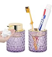 Fvstar Purple Bathroom Accessories Set, Glass Toothbrush Holder and Foam Soap Dispenser, Gold Too...