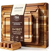 Kikcoin Teak Wood Cutting Board for Kitchen with Storage Stand, Pre-Oiled End Grain Wooden Cuttin...