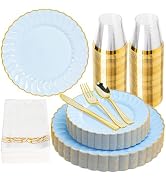 Lullaby 336PCS Elegant Disposable Dinnerware Set –96 Blue Scalloped Gold-Trim Plates (48 Dinner, ...