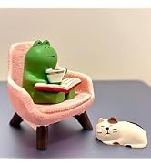Eysinyge Miniature Frog and Cat Figurine Set, Mini Reading Frog on Pink Sofa, Tiny Cat, Cute Resi...