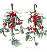2 Pack Artificial Mistletoe Hanging Ornaments, 9 Inches Length, Red Berries, Christmas Décor for ...