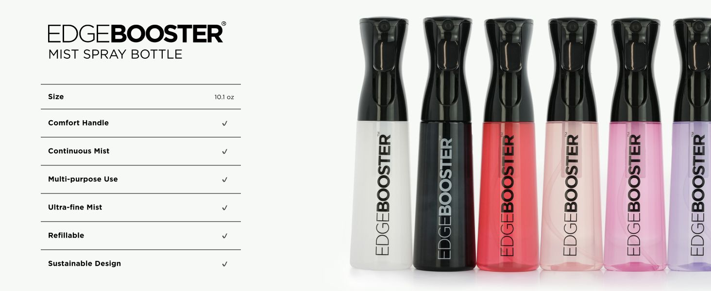 EDGE BOOSTER Mist Spray Bottle chart shows size comfort handle refillable design multipurpose use