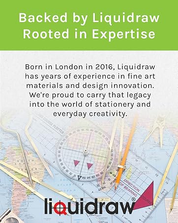 Liquidraw stationery brand advertisement. Image shows drafting tools on a map background, including protractors, pencils, and compass. Text describes company's London origins and expertise in art materials and design innovation.